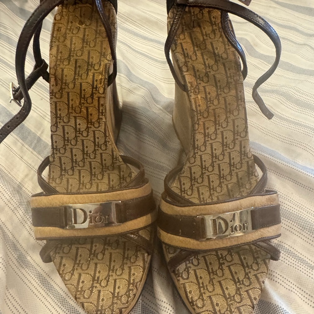 Dior Brown and Tan Wedge Sandals
